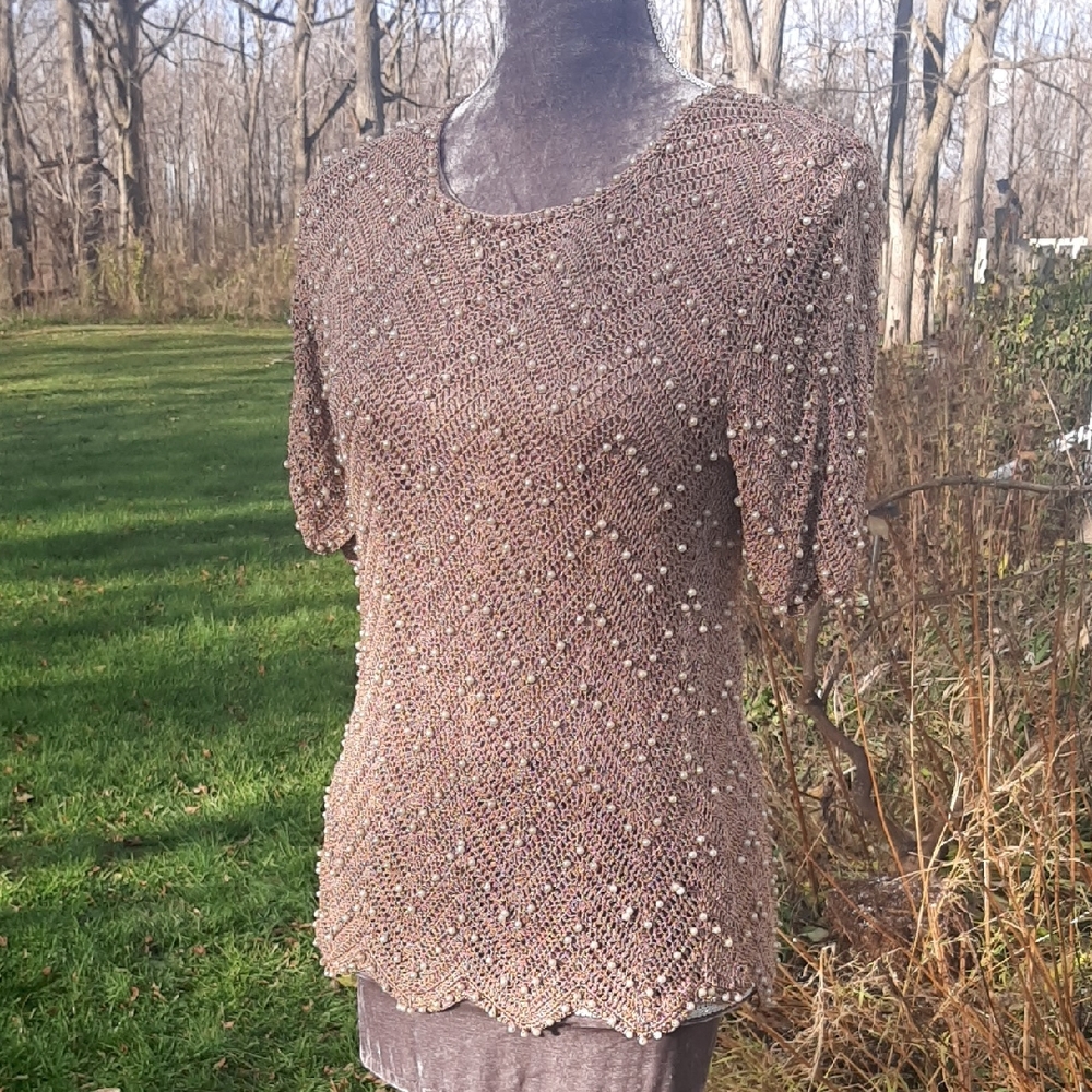 VINTAGE🤎"Feelings" PEARL BEADED Brown CROCHET Stretchy LINED Top Size M